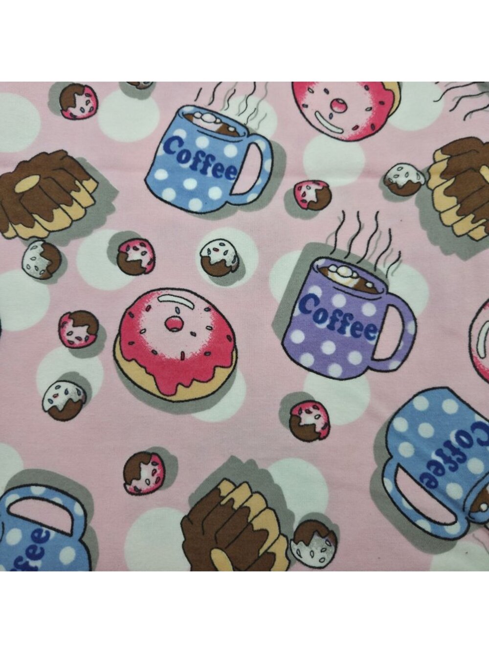 Coffee & Donuts Cotton Flannel Fabric Pink Cup Pastry Novelty Material 3 Yards